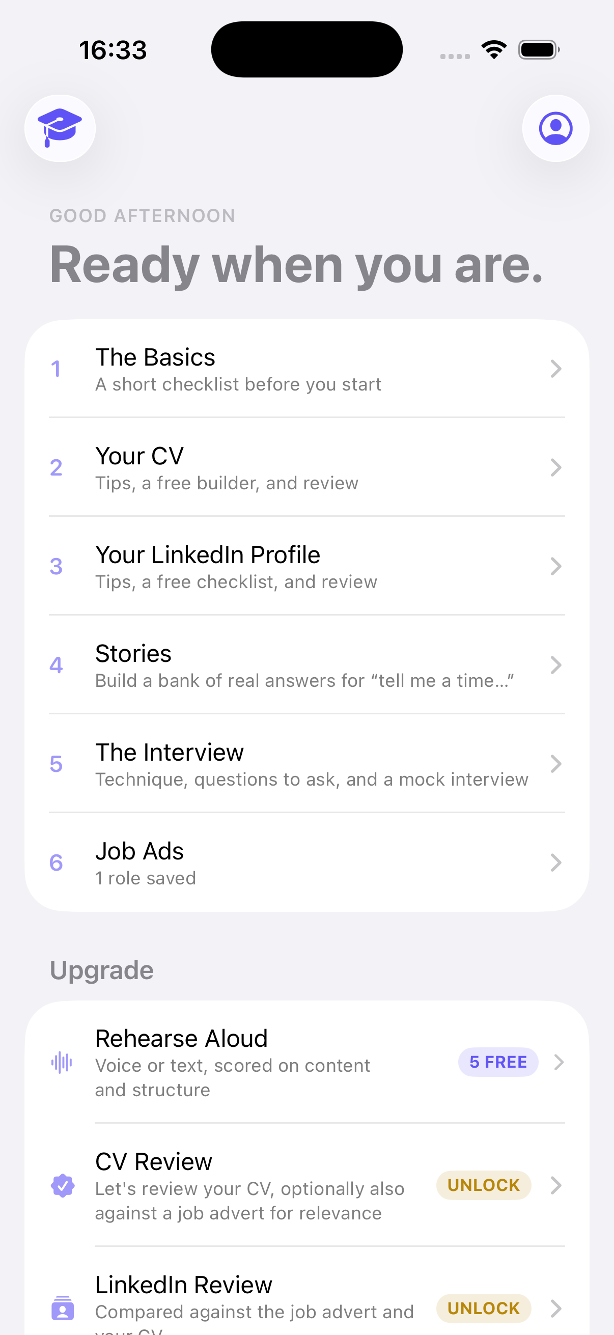 HirePotential's Home screen, showing The Basics, Your CV, Your LinkedIn Profile, Stories, The Interview, and Job Ads with a saved role.